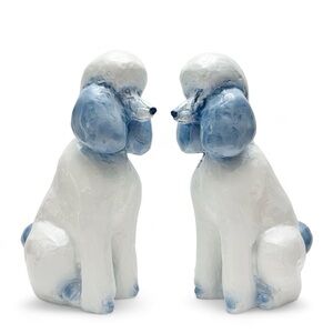 Pair of 12” Sitting Blue & White Poodle Dogs Figurines Statues Molded Resin